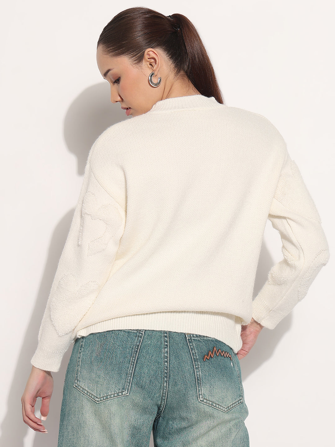 Women's Embellished Off White Pullover Top with Textured Heart Design