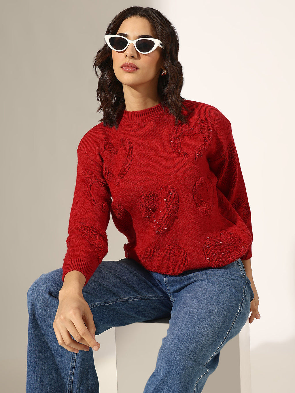 Women's Knitted Red Heart Embellished Pullover Top
