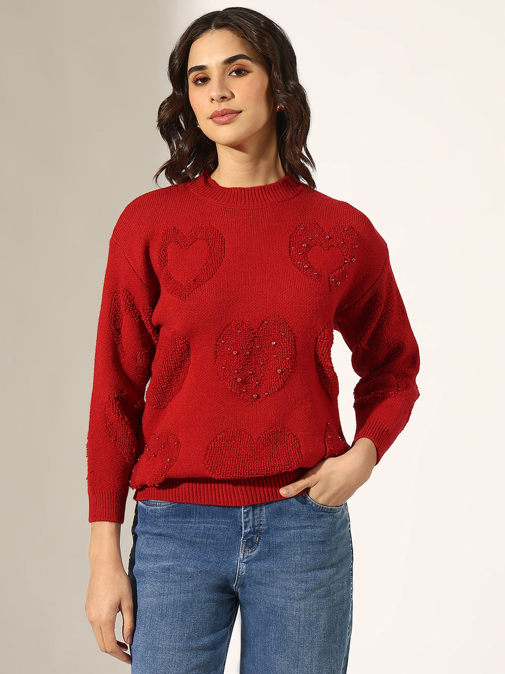 Women's Knitted Red Heart Embellished Pullover Top