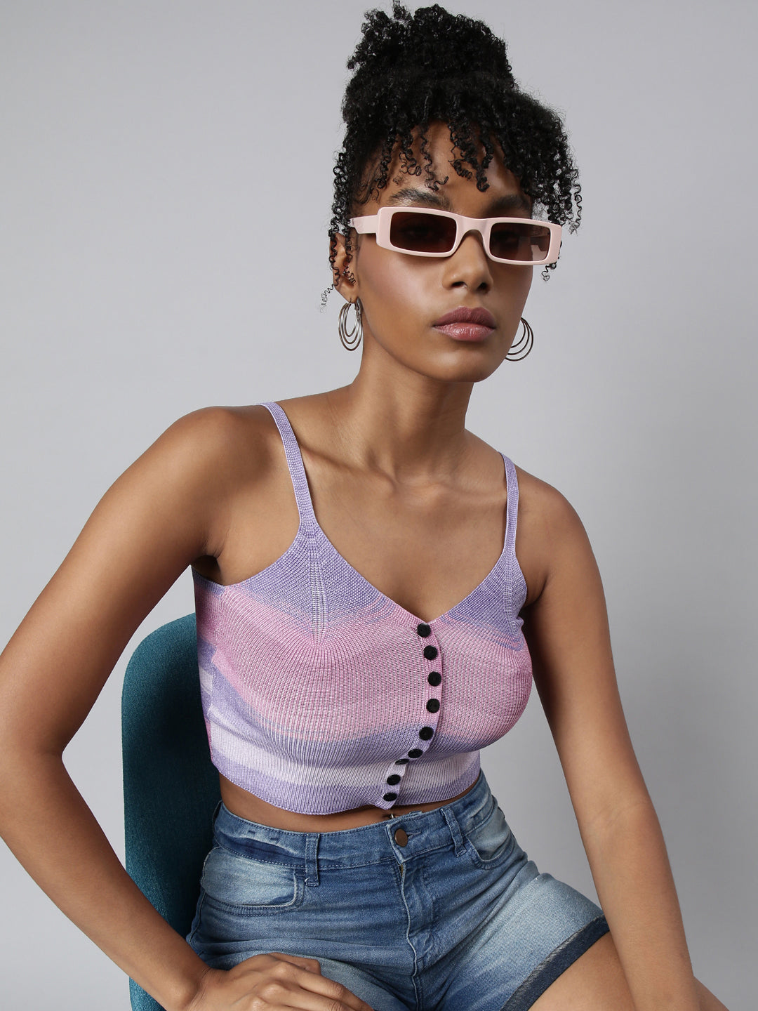 Women's Lavender Striped Fitted Shoulder Straps Crop Top