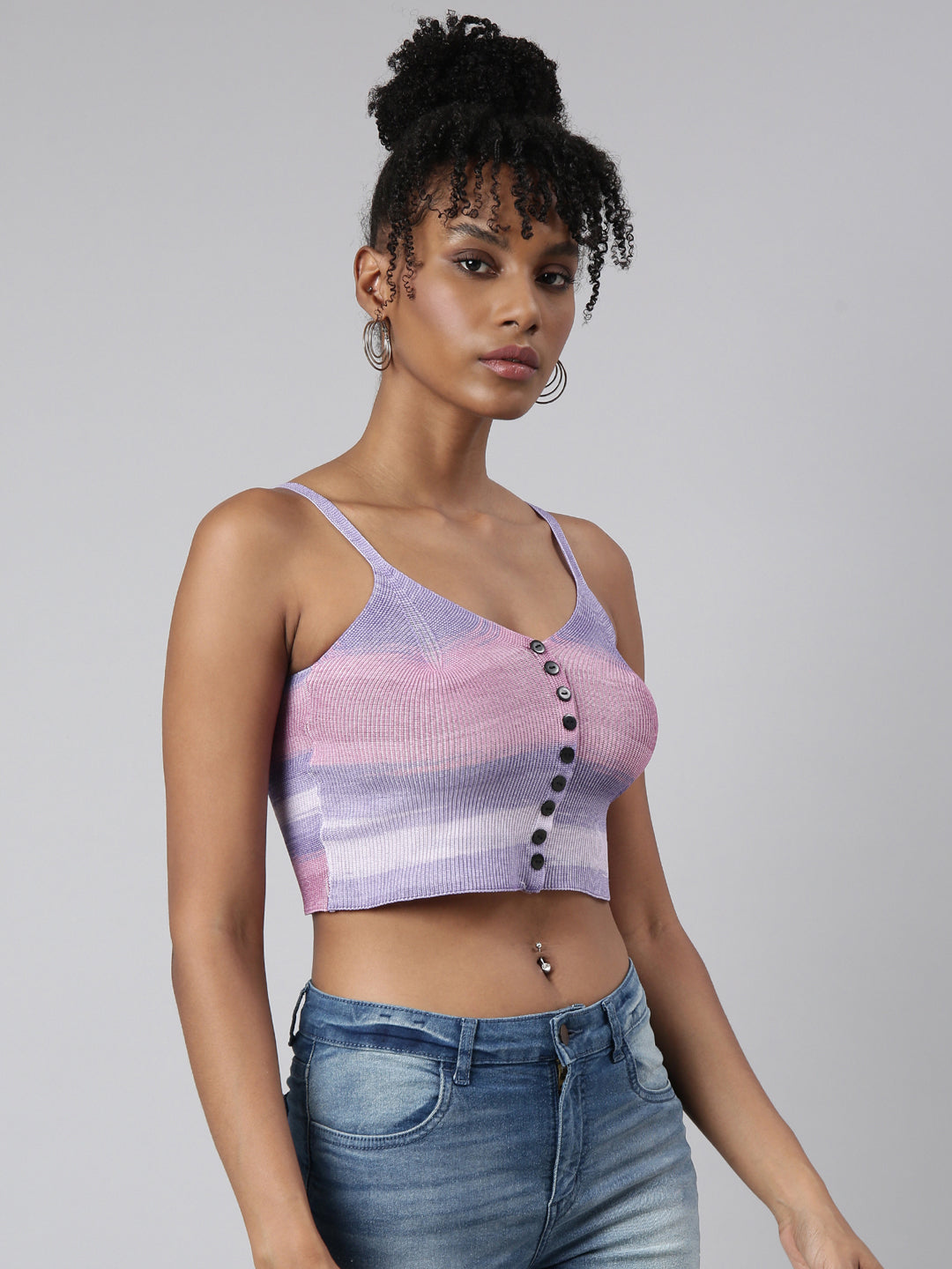Women's Lavender Striped Fitted Shoulder Straps Crop Top