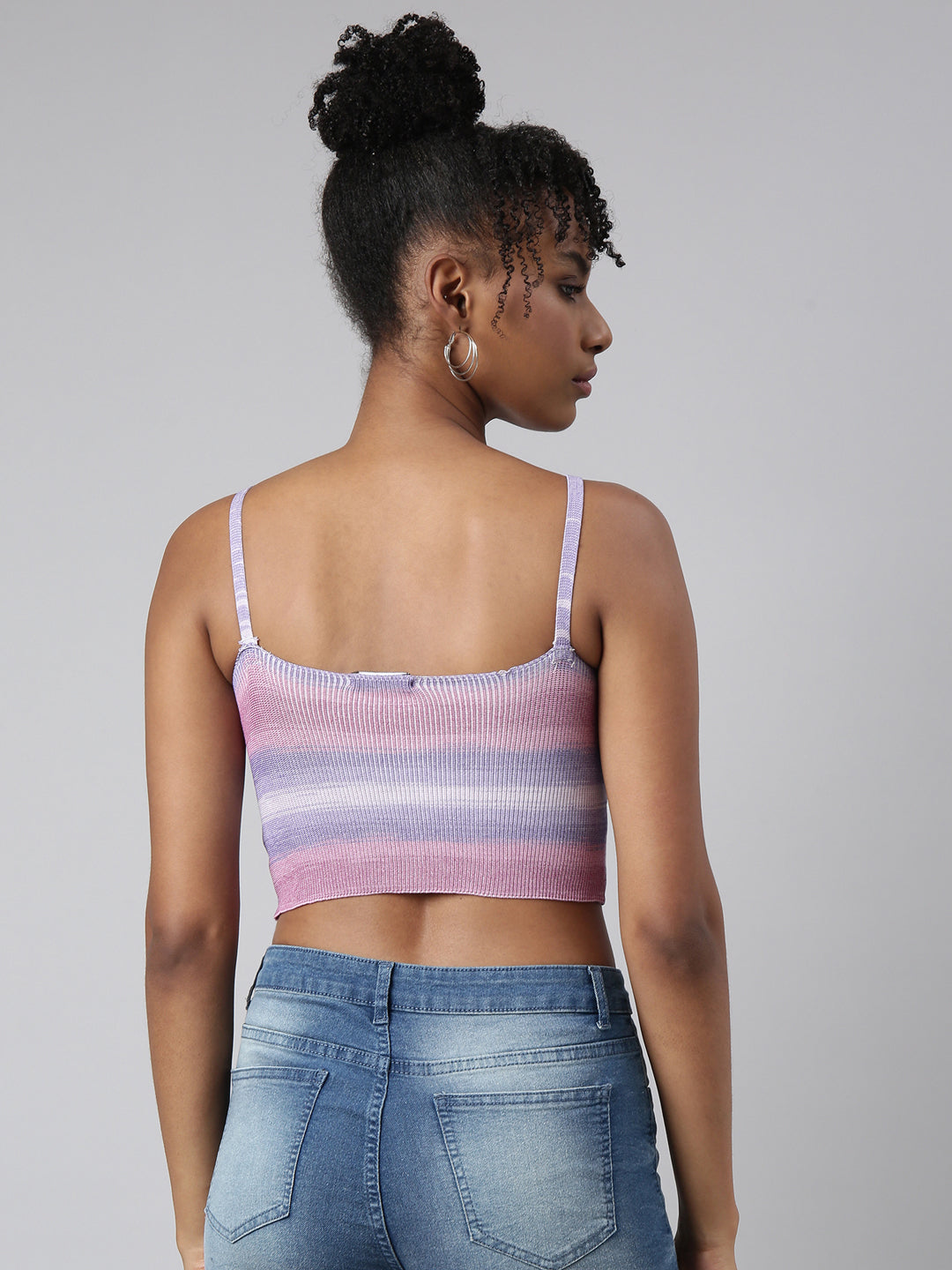 Women's Lavender Striped Fitted Shoulder Straps Crop Top