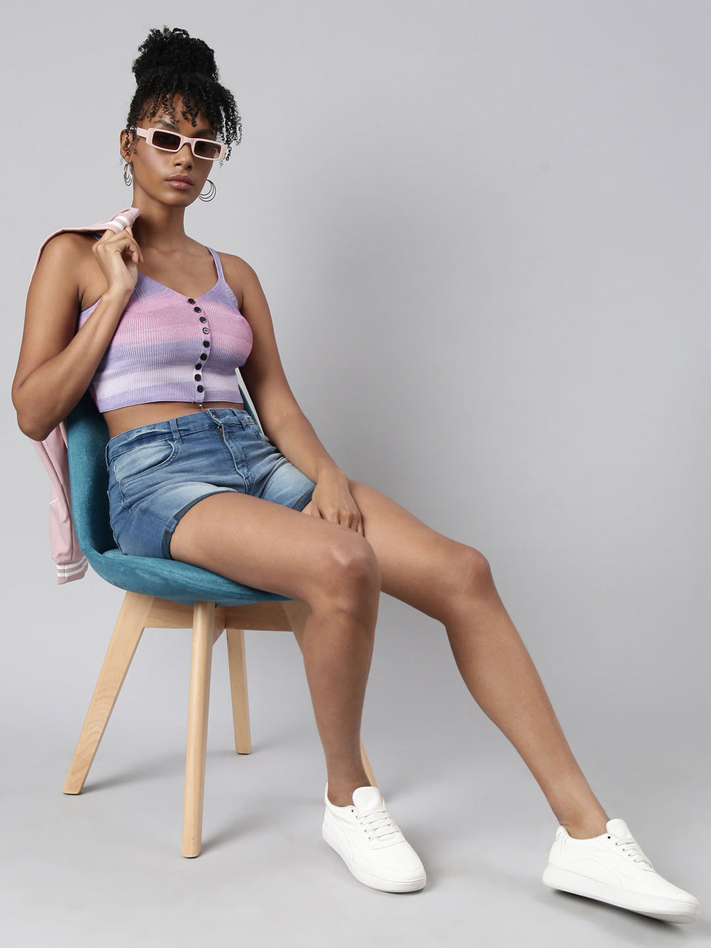 Women's Lavender Striped Fitted Shoulder Straps Crop Top