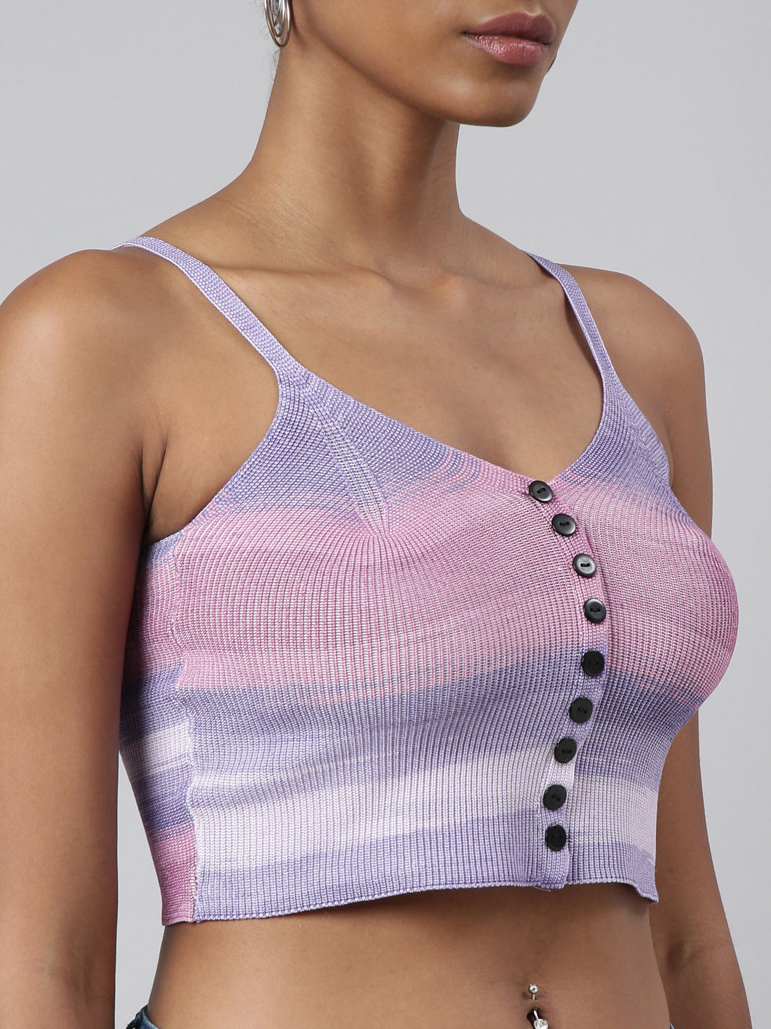 Women's Lavender Striped Fitted Shoulder Straps Crop Top