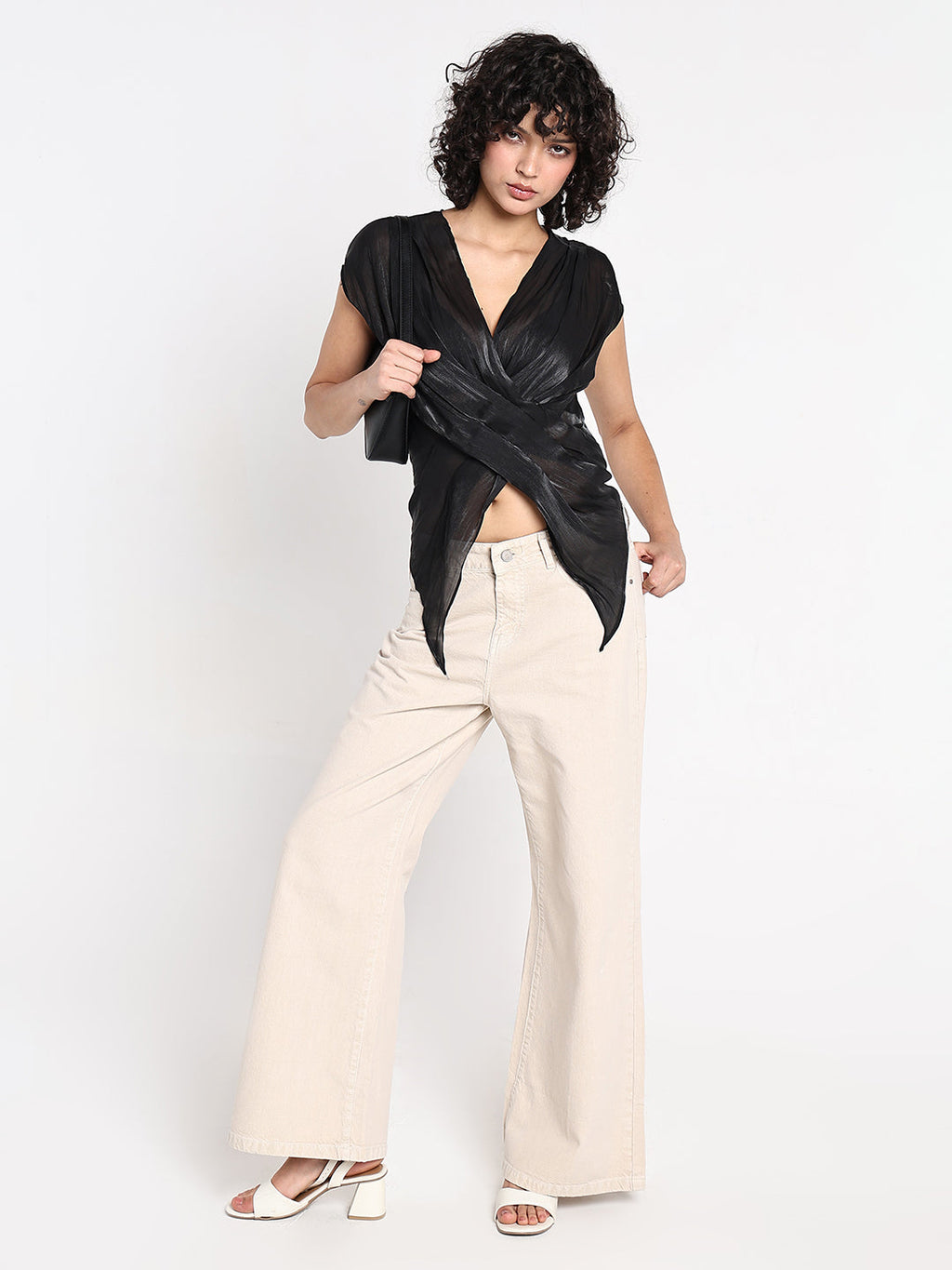 Women's Solid Black V-Neck Wrap Top