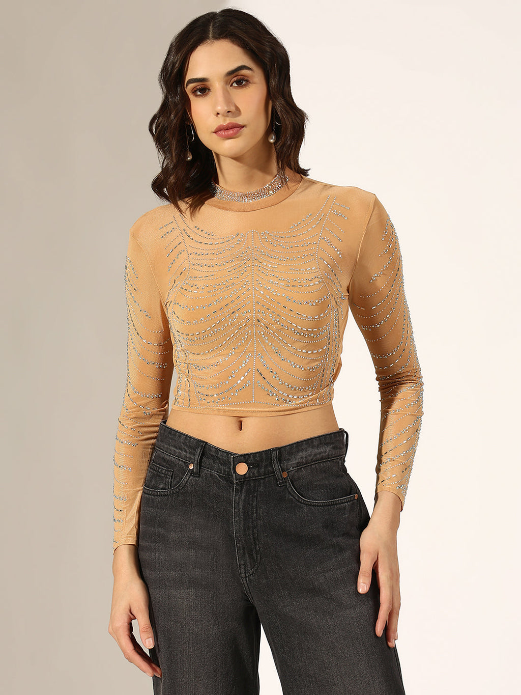 Women's Embellished Beige Mesh Crop Top