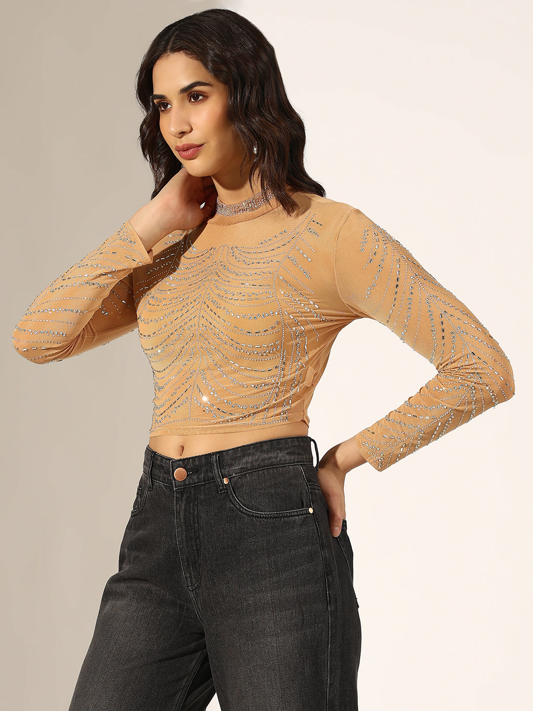 Women's Embellished Beige Mesh Crop Top