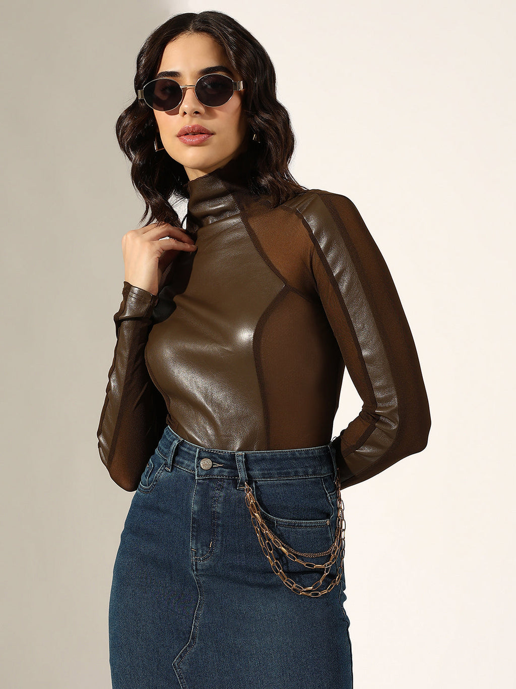 Women's Brown Faux Leather Sheer Panel Top