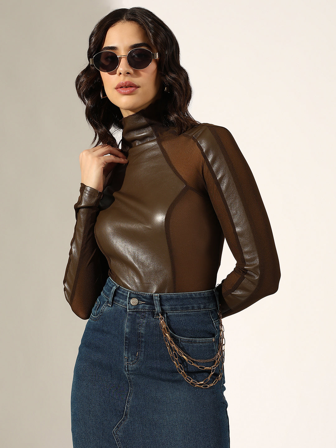 Women's Brown Faux Leather Sheer Panel Top