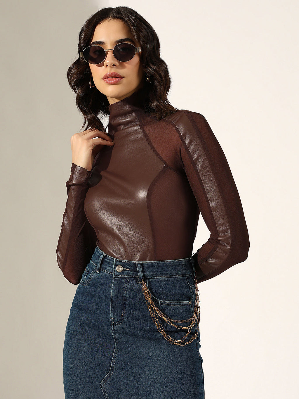 Women's Coffee Brown Faux Leather Sheer Panel Top