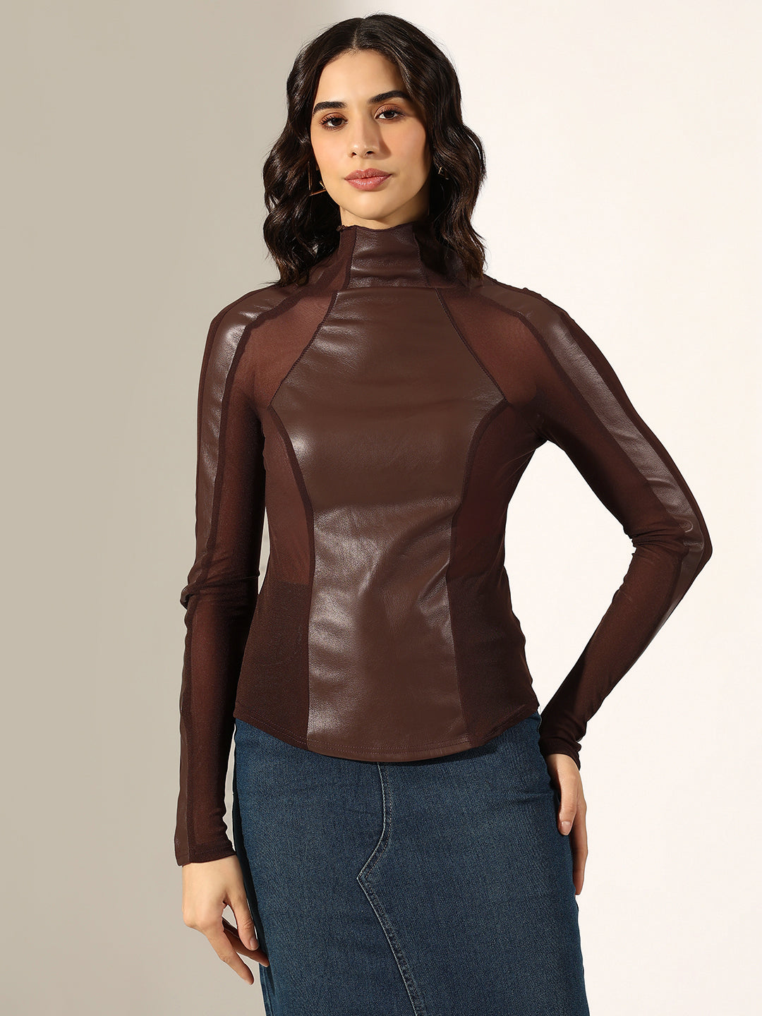 Women's Coffee Brown Faux Leather Sheer Panel Top