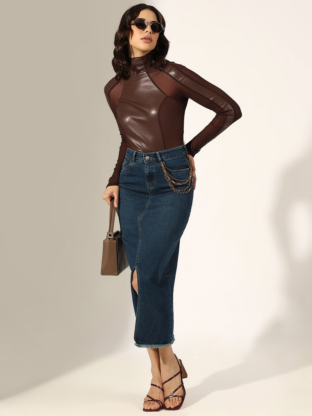 Women's Coffee Brown Faux Leather Sheer Panel Top