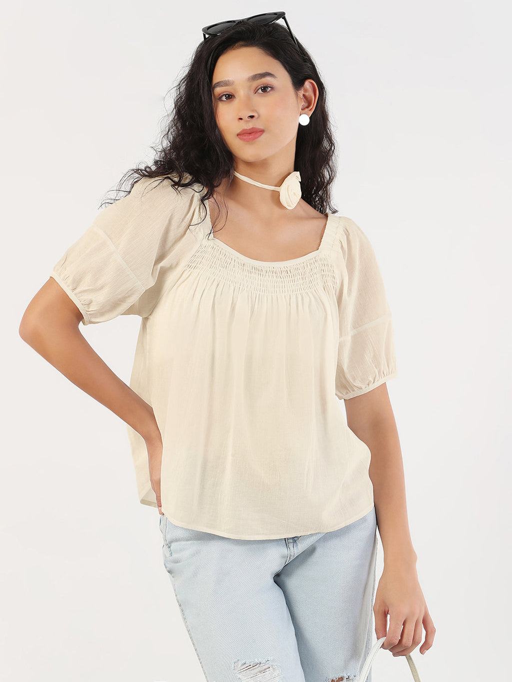 Women's Solid Cream Puff Sleeve Relaxed Fit Top