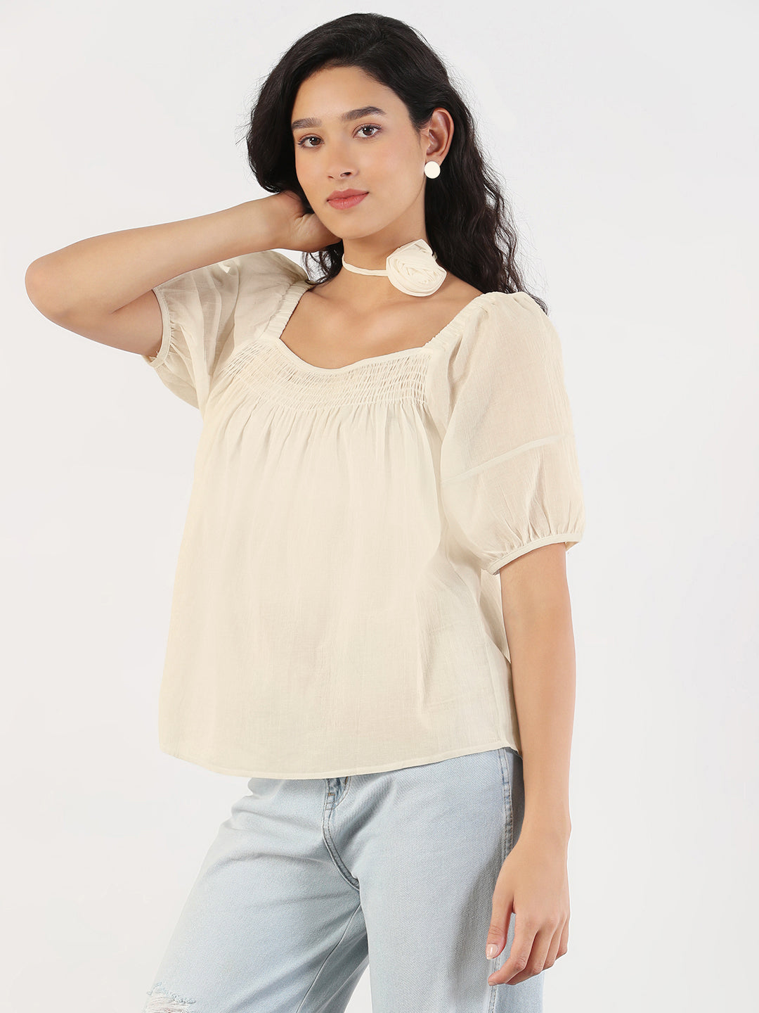 Women's Solid Cream Puff Sleeve Relaxed Fit Top