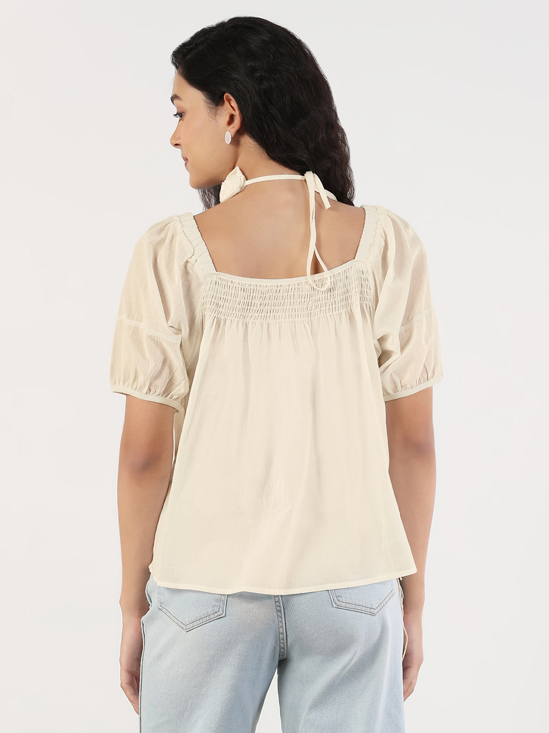 Women's Solid Cream Puff Sleeve Relaxed Fit Top