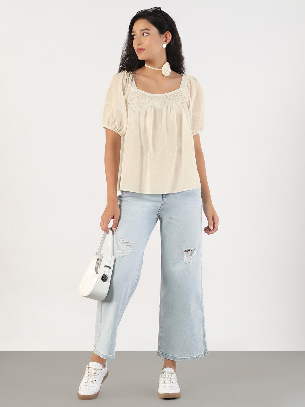 Women's Solid Cream Puff Sleeve Relaxed Fit Top