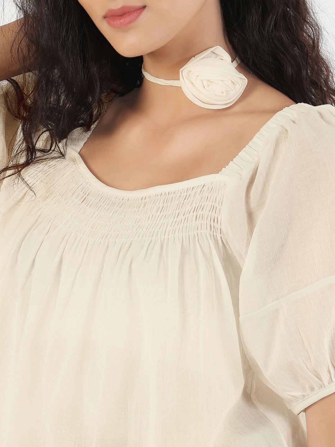 Women's Solid Cream Puff Sleeve Relaxed Fit Top