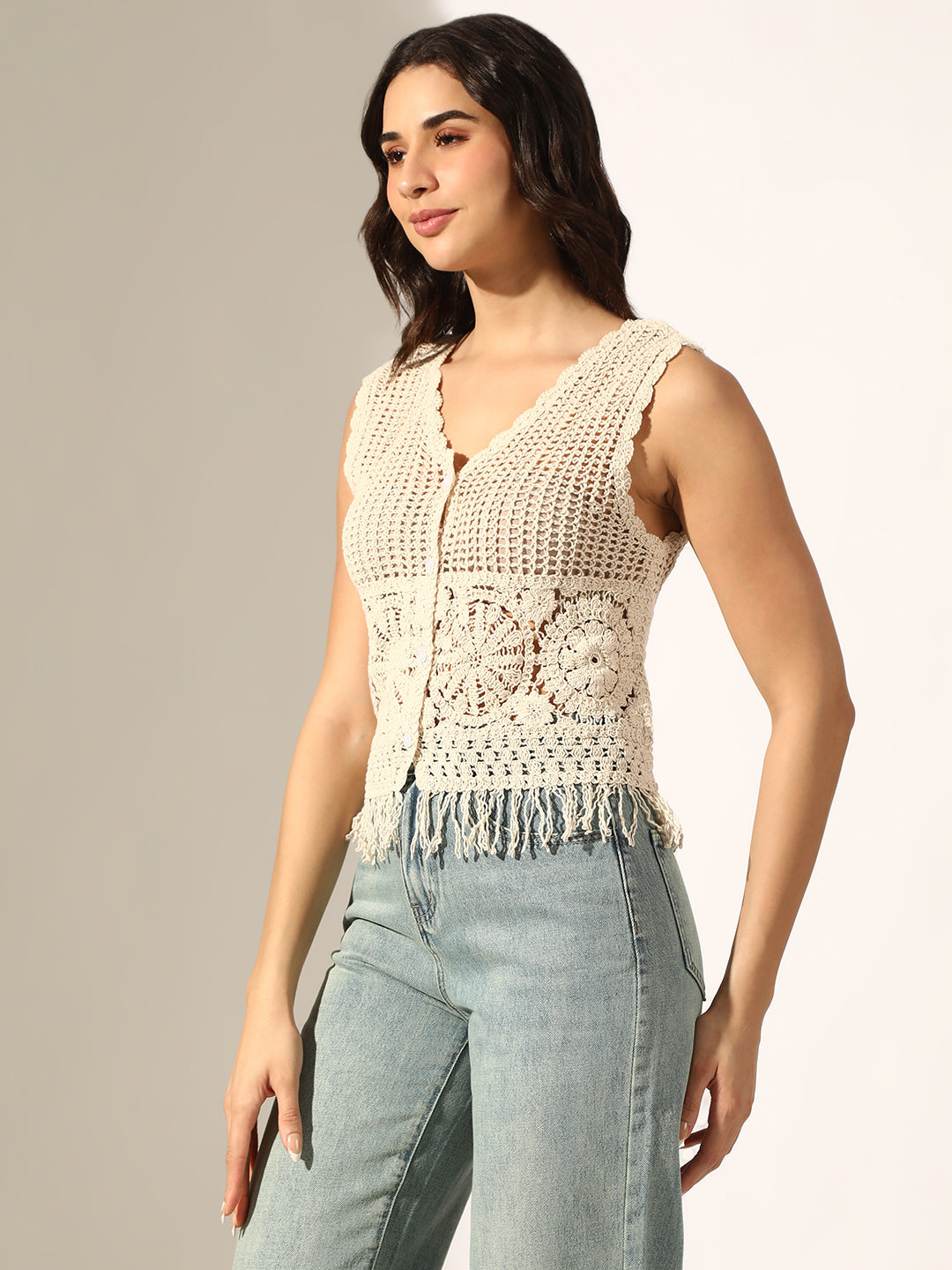 Women's Cream Crochet Sleeveless Button Up Top with Fringed Hem