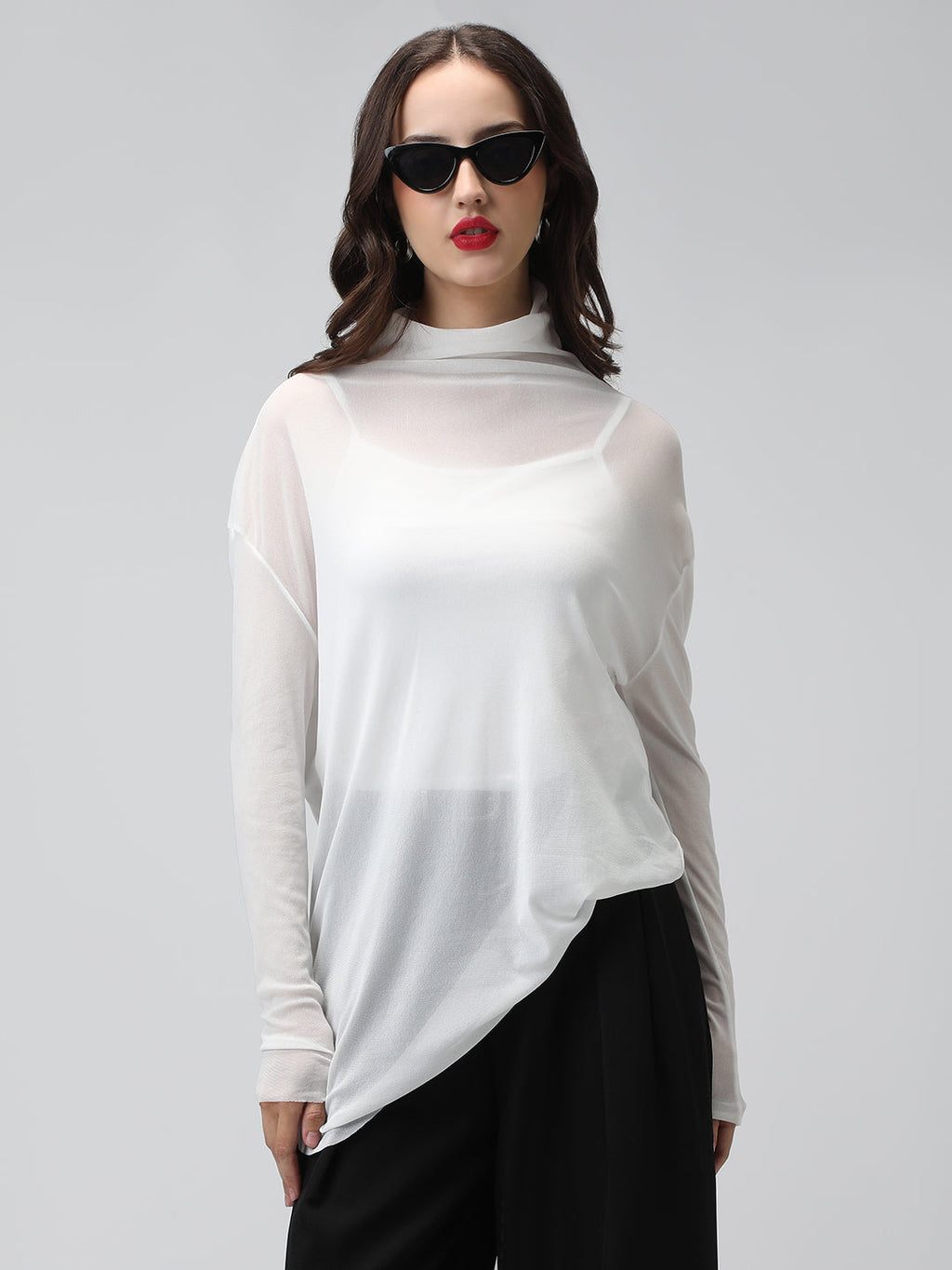 Women's White Sheer High neck Mesh Top