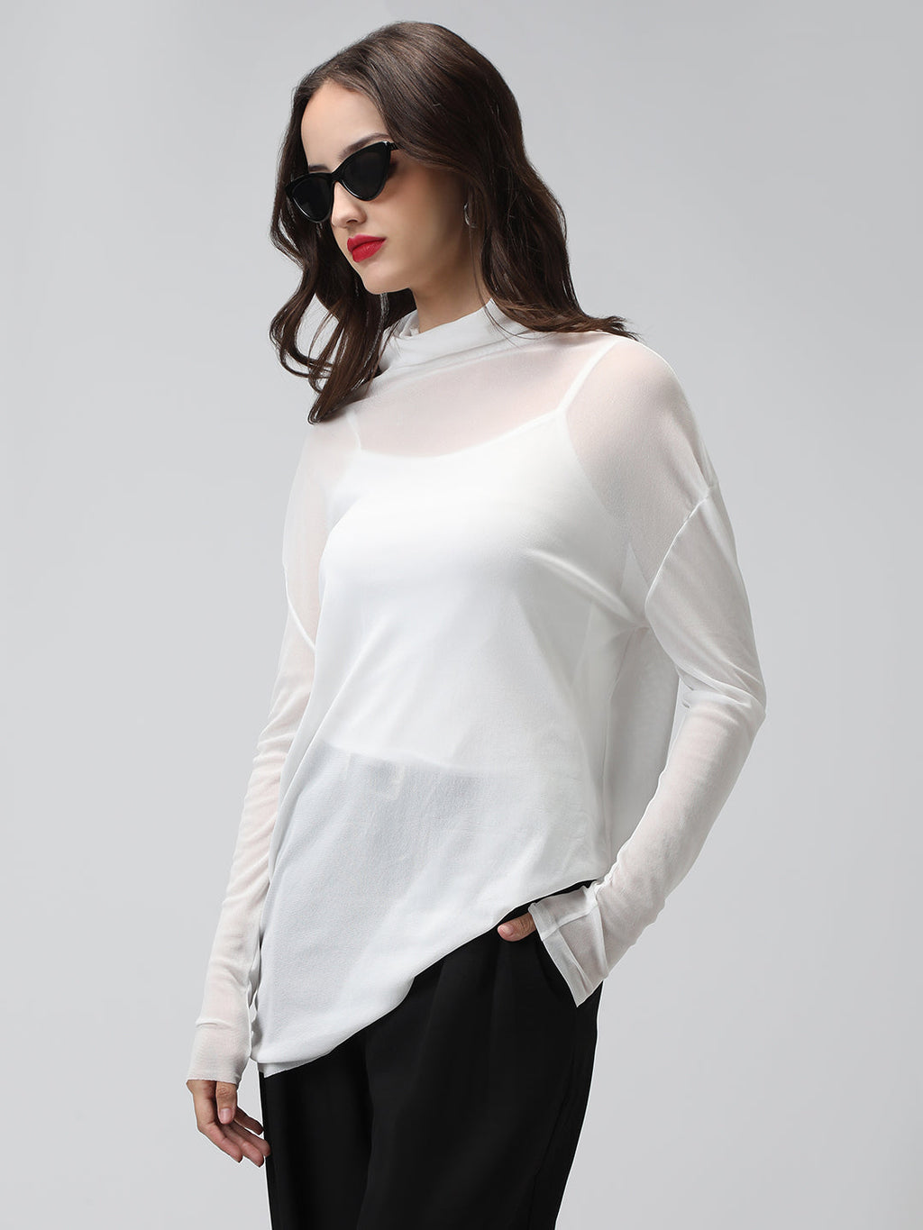 Women's White Sheer High neck Mesh Top