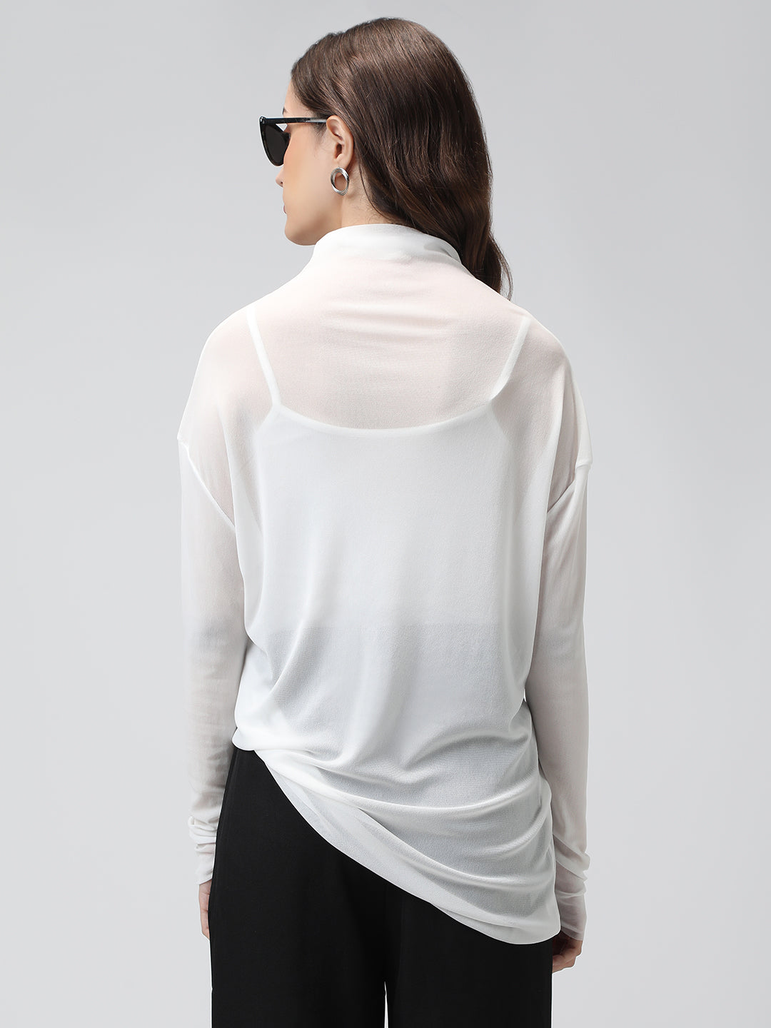 Women's White Sheer High neck Mesh Top