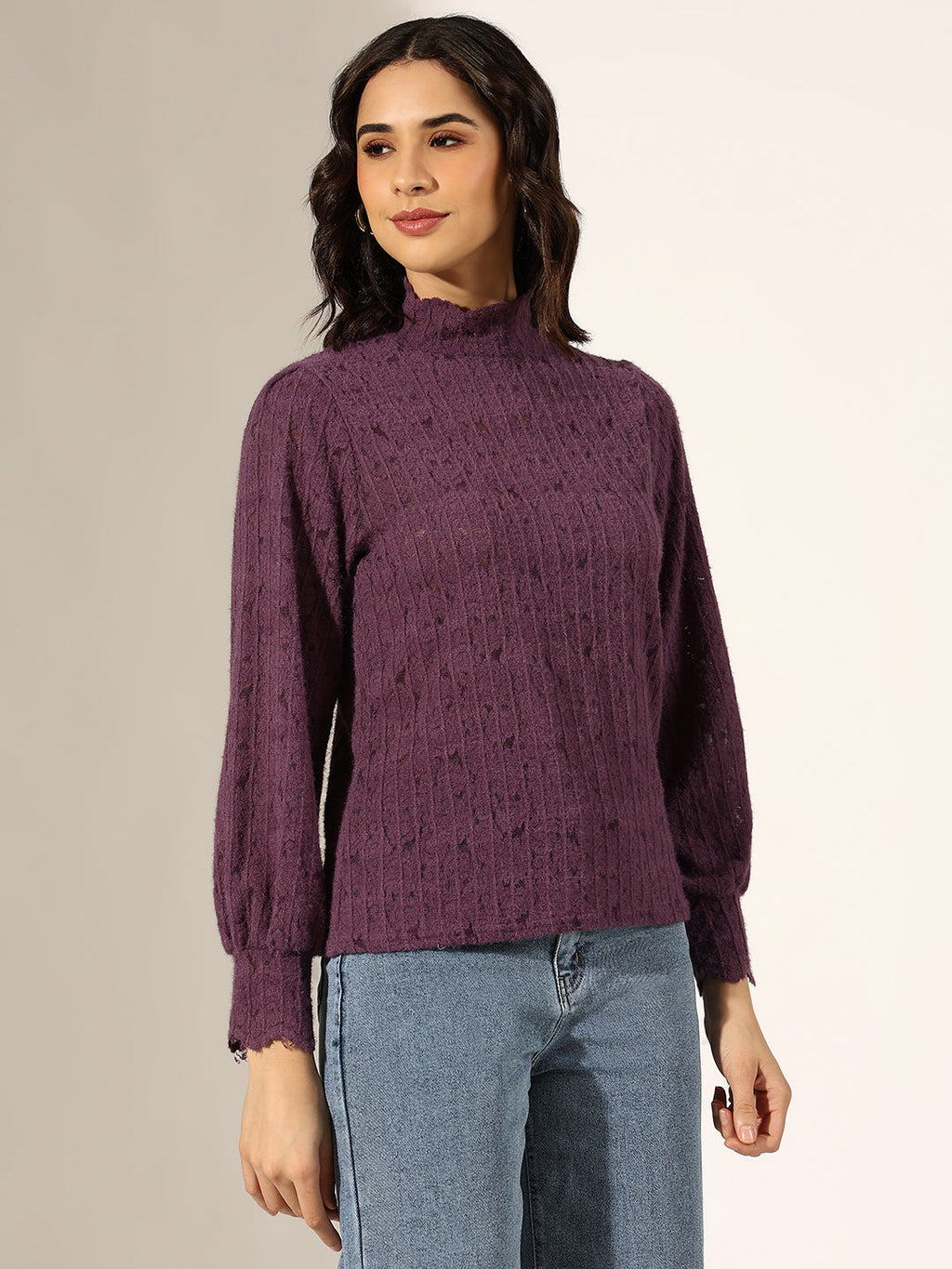 Women's Textured Purple High Neck Knit Top