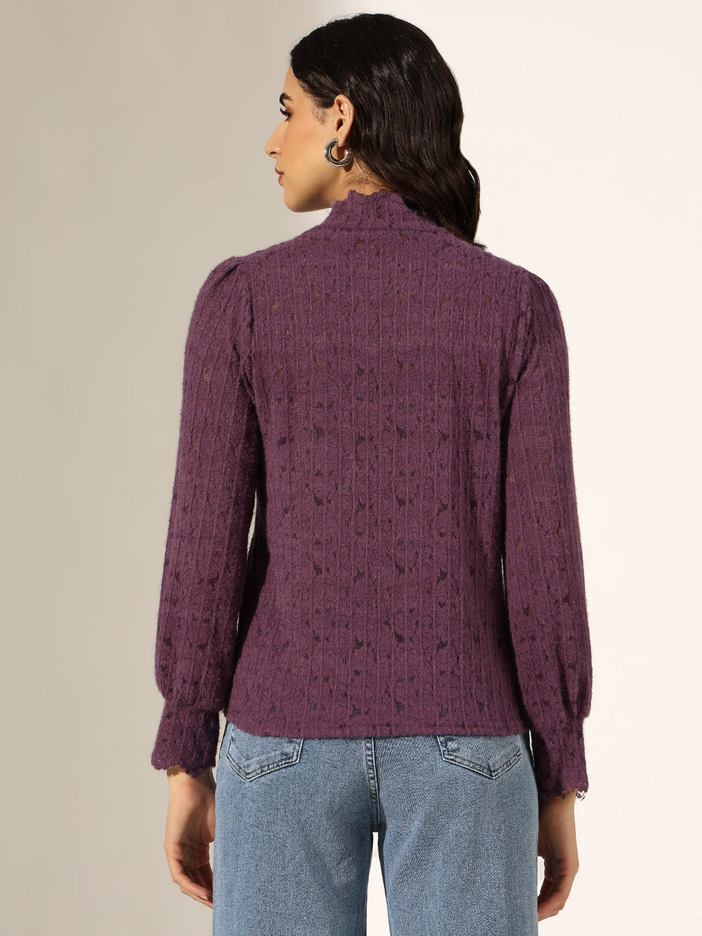 Women's Textured Purple High Neck Knit Top