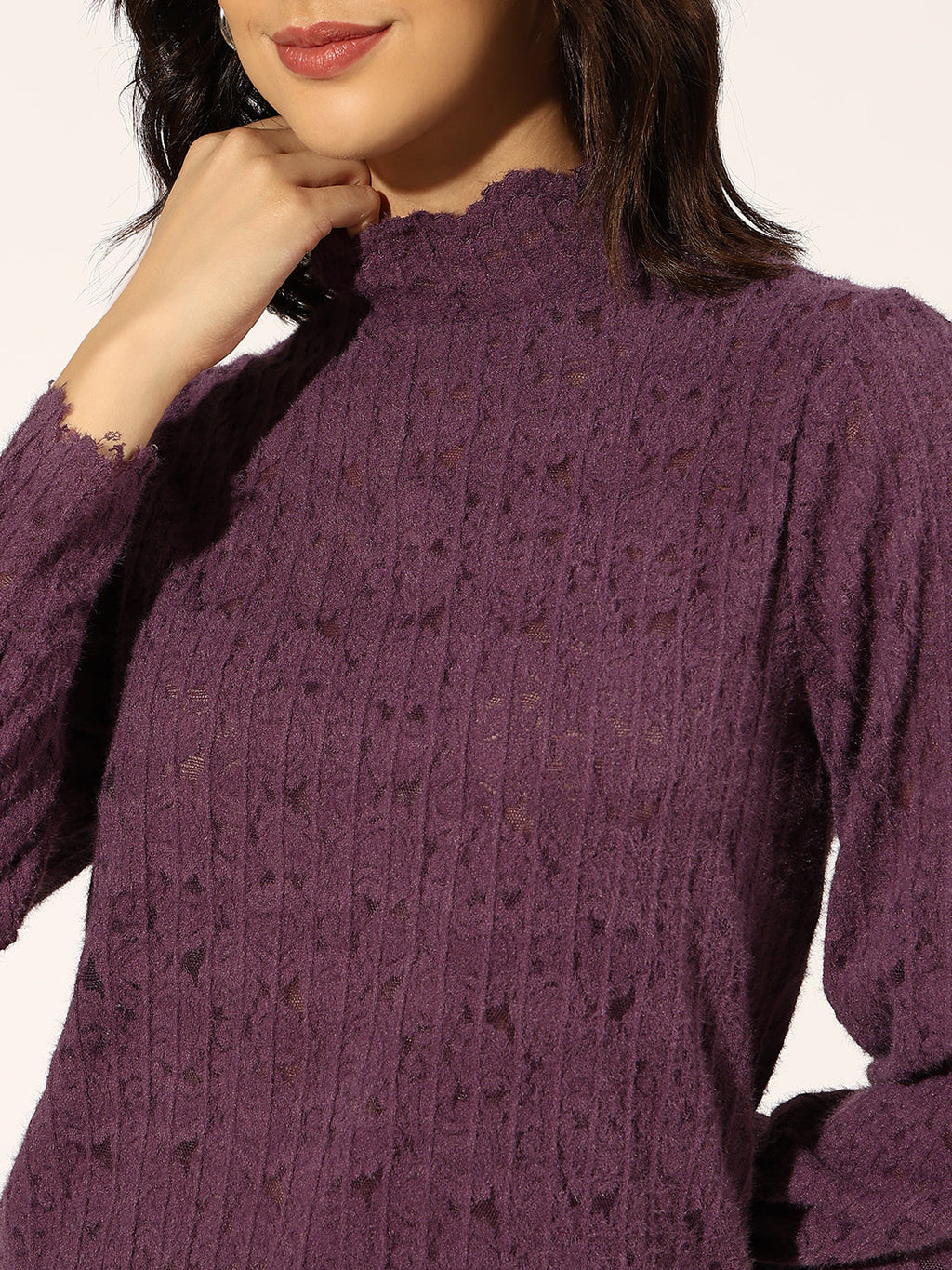 Women's Textured Purple High Neck Knit Top