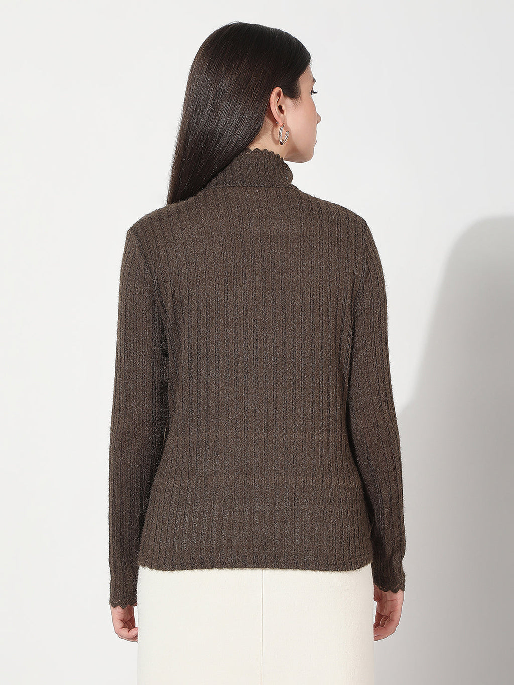 Women's Textured Brown High Neck Knitted Top