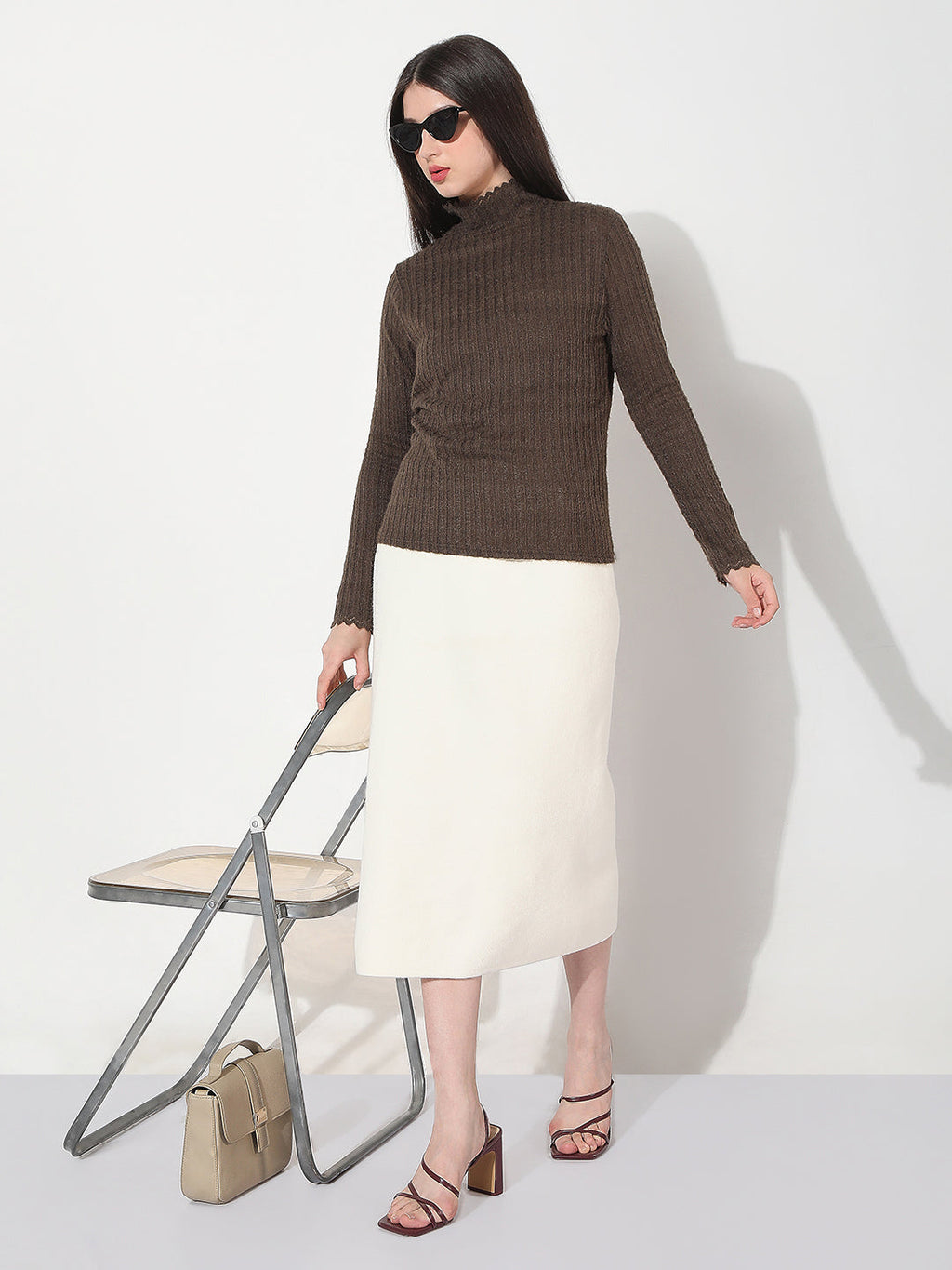 Women's Textured Brown High Neck Knitted Top