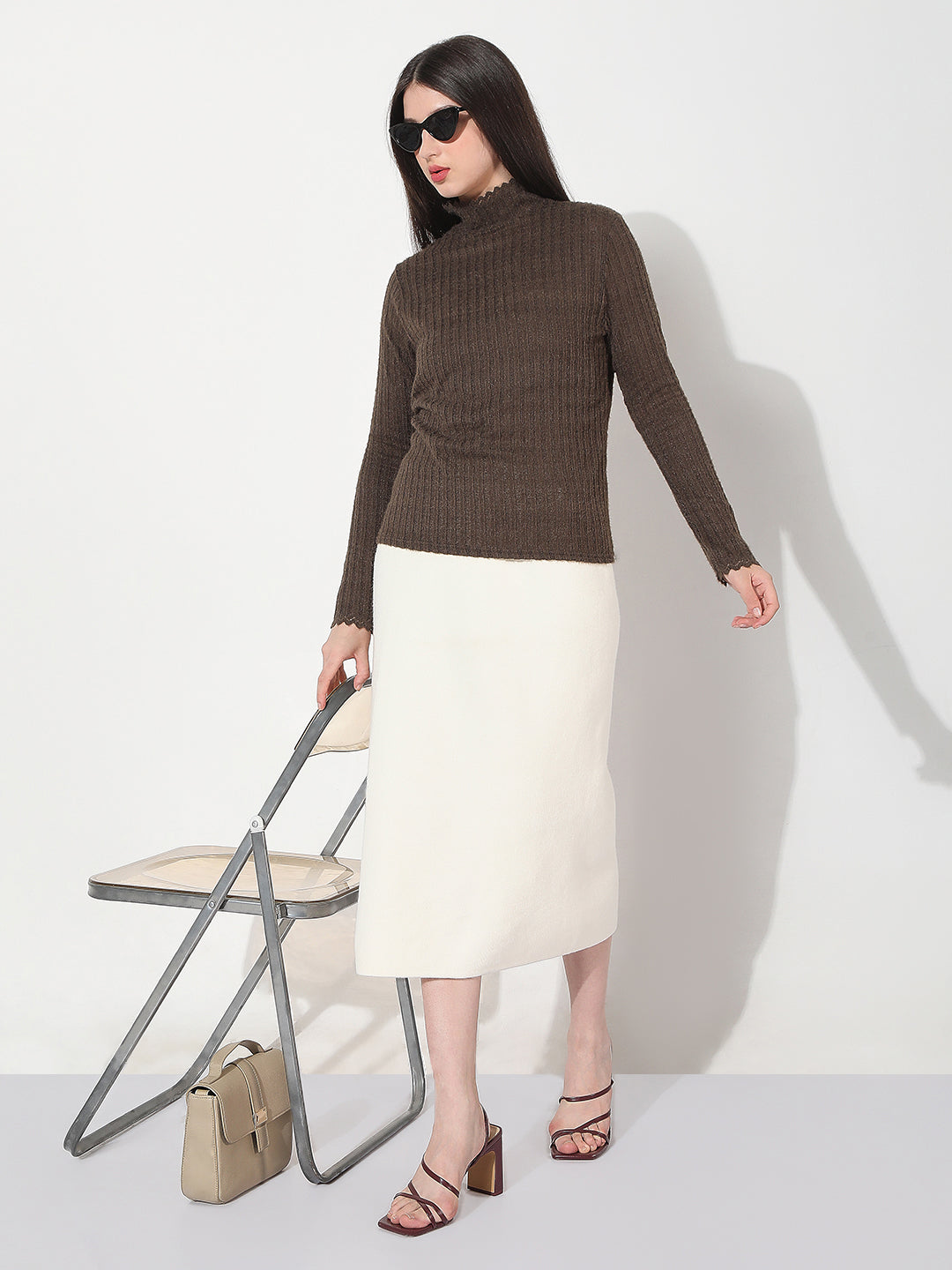 Women's Textured Brown High Neck Knitted Top