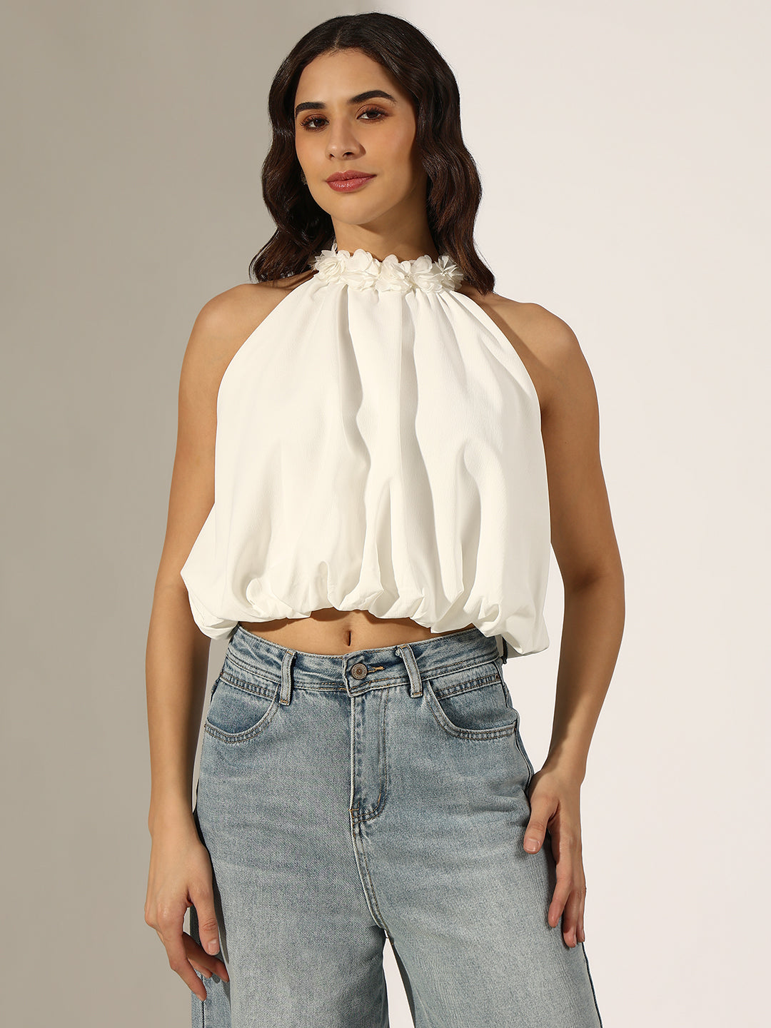 Women's White Floral Applique Halter Neck Crop Top