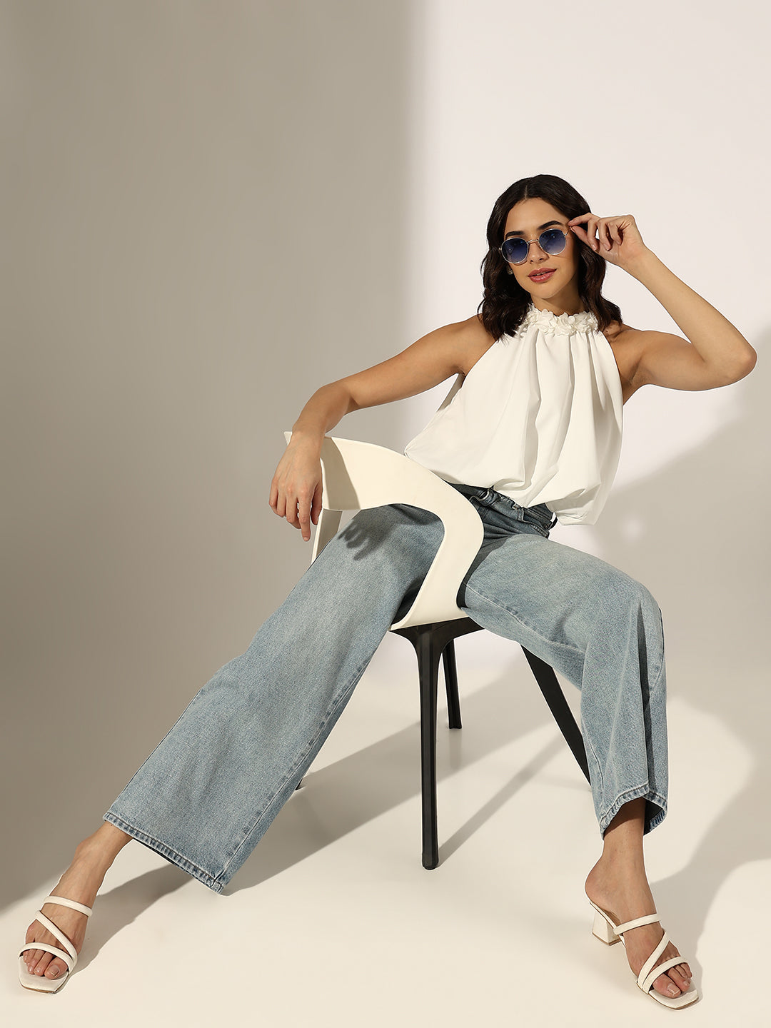 Women's White Floral Applique Halter Neck Crop Top