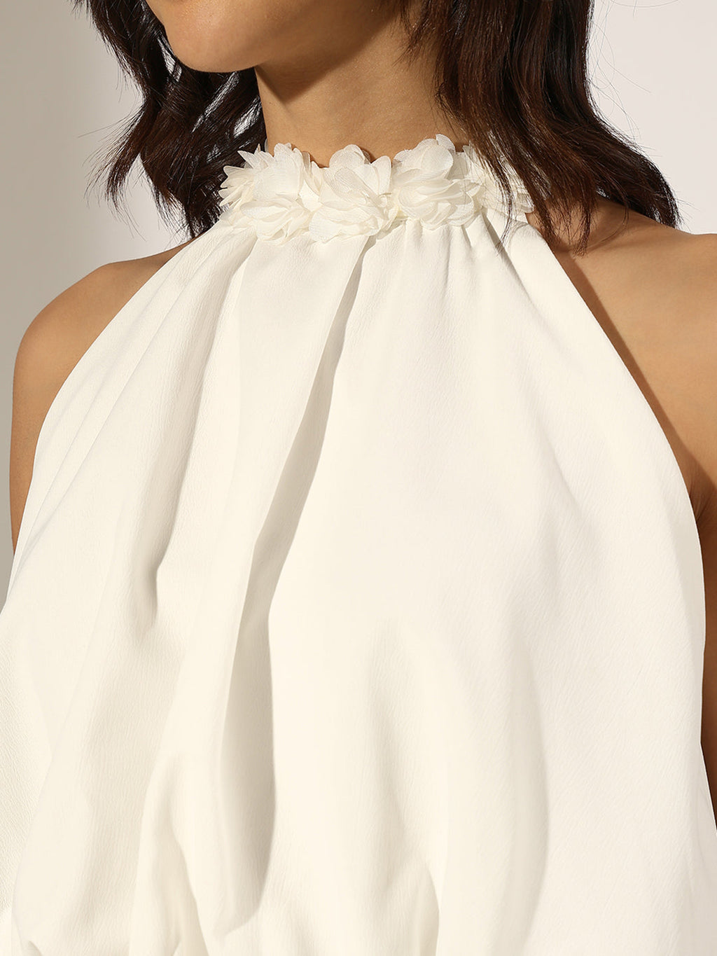 Women's White Floral Applique Halter Neck Crop Top