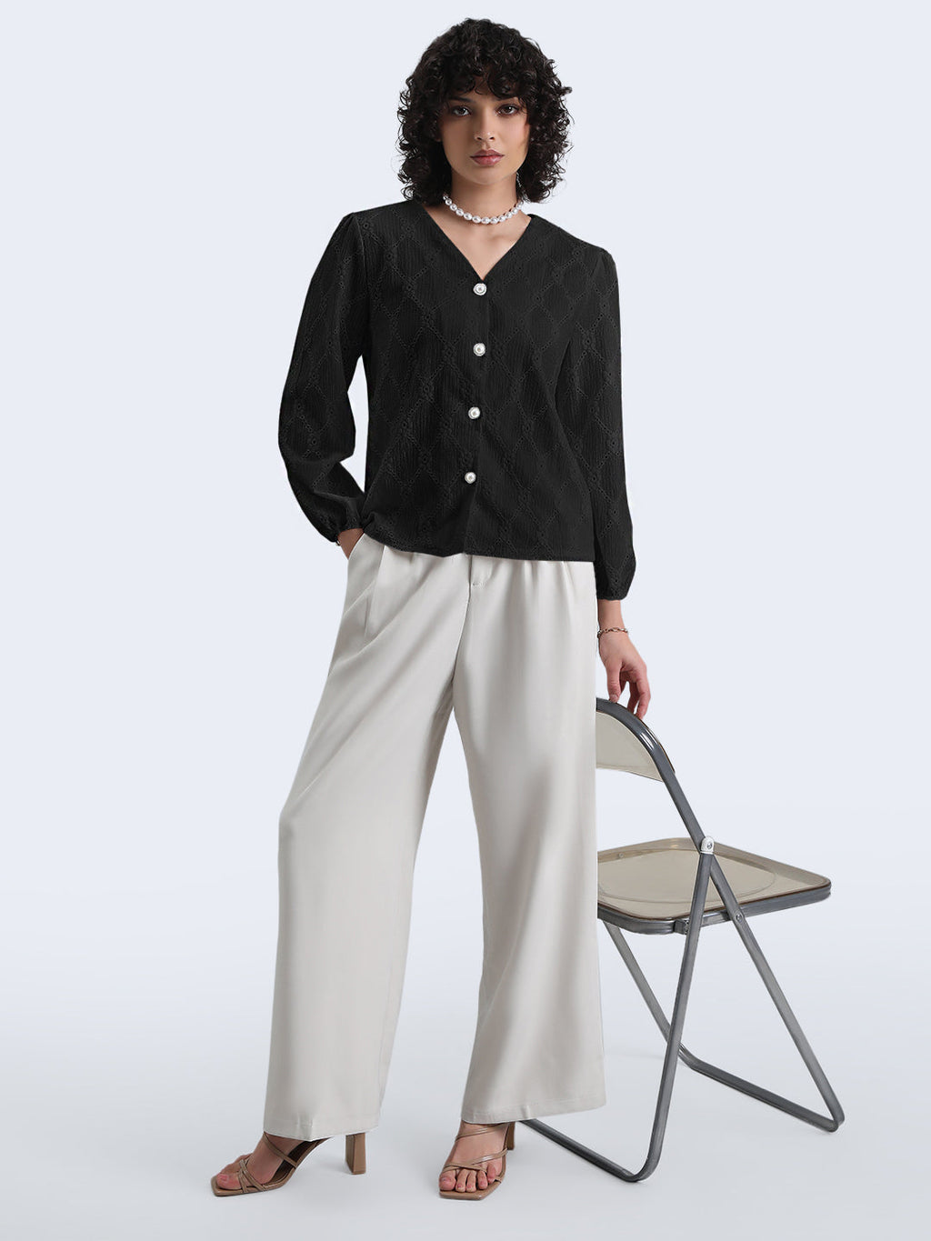 Women's Black Floral Textured V-Neck Top with Pearl Button