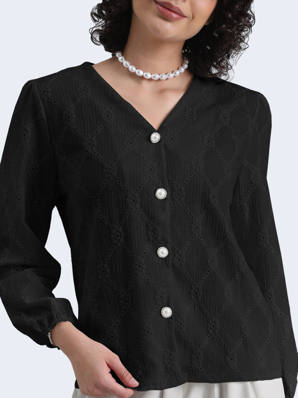 Women's Black Floral Textured V-Neck Top with Pearl Button