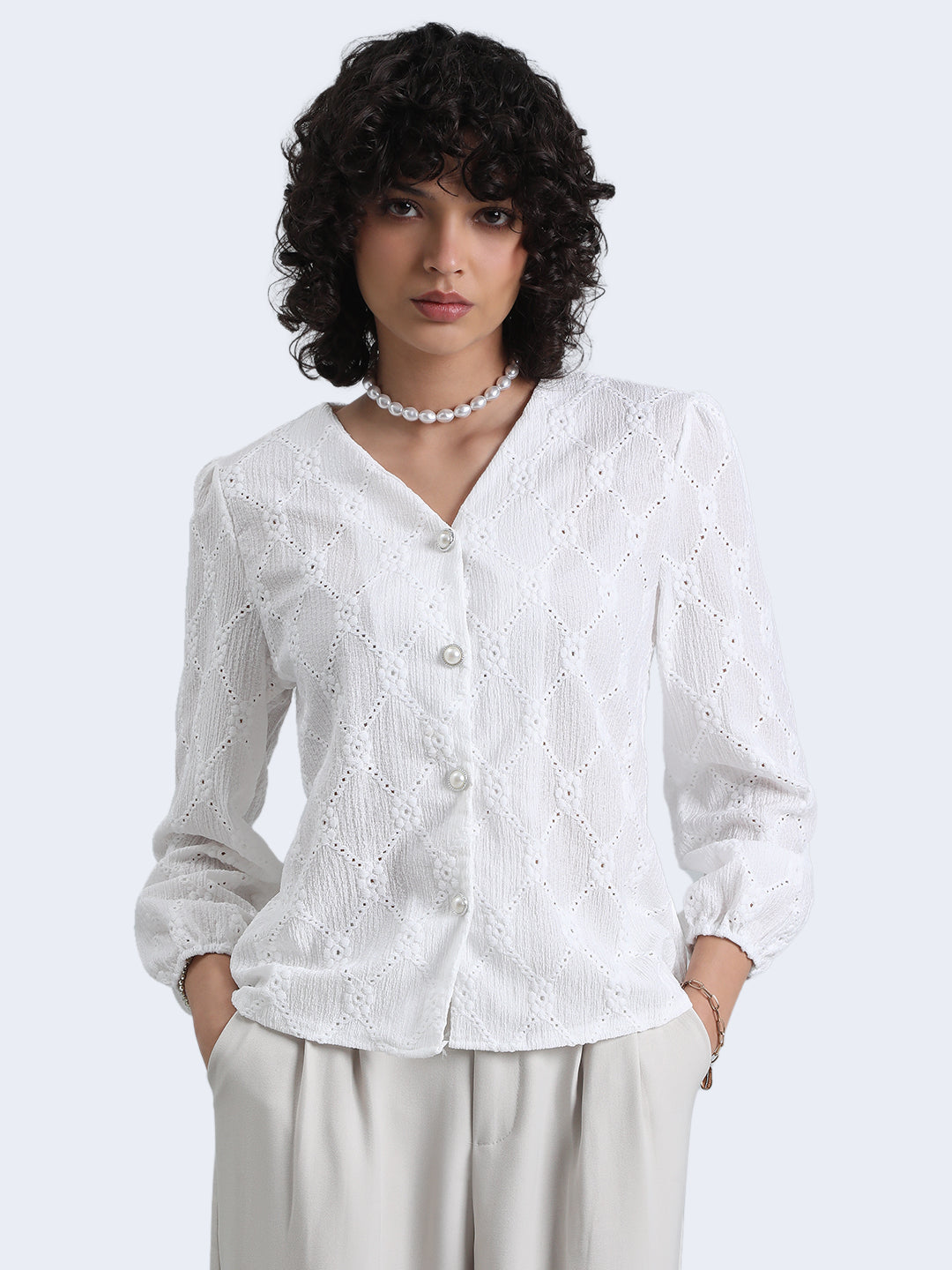 Women's White Floral Textured V-Neck Top with Pearl Button