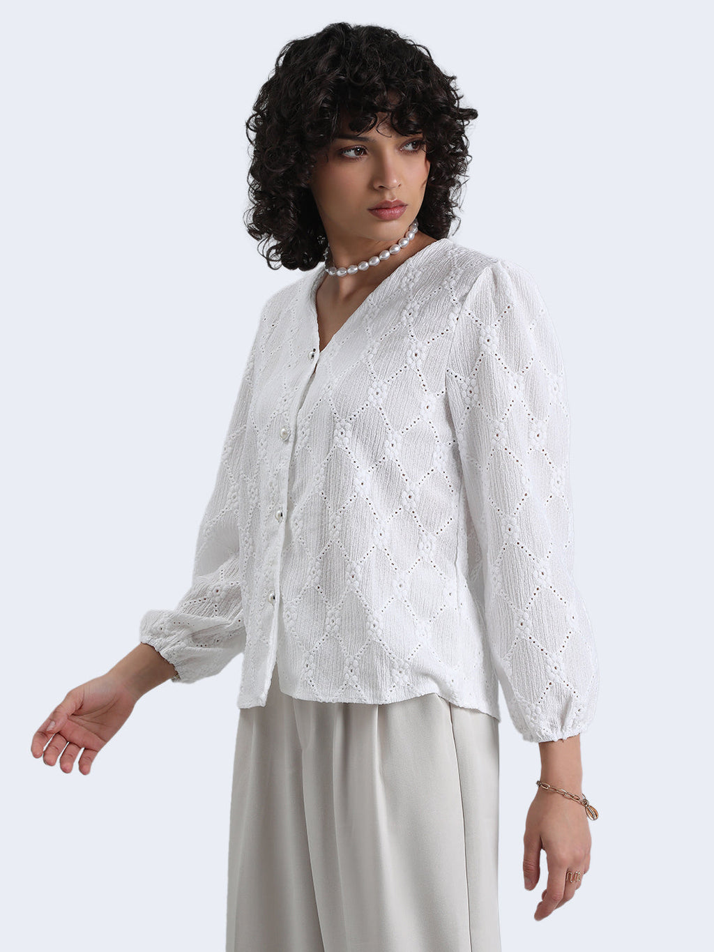 Women's White Floral Textured V-Neck Top with Pearl Button