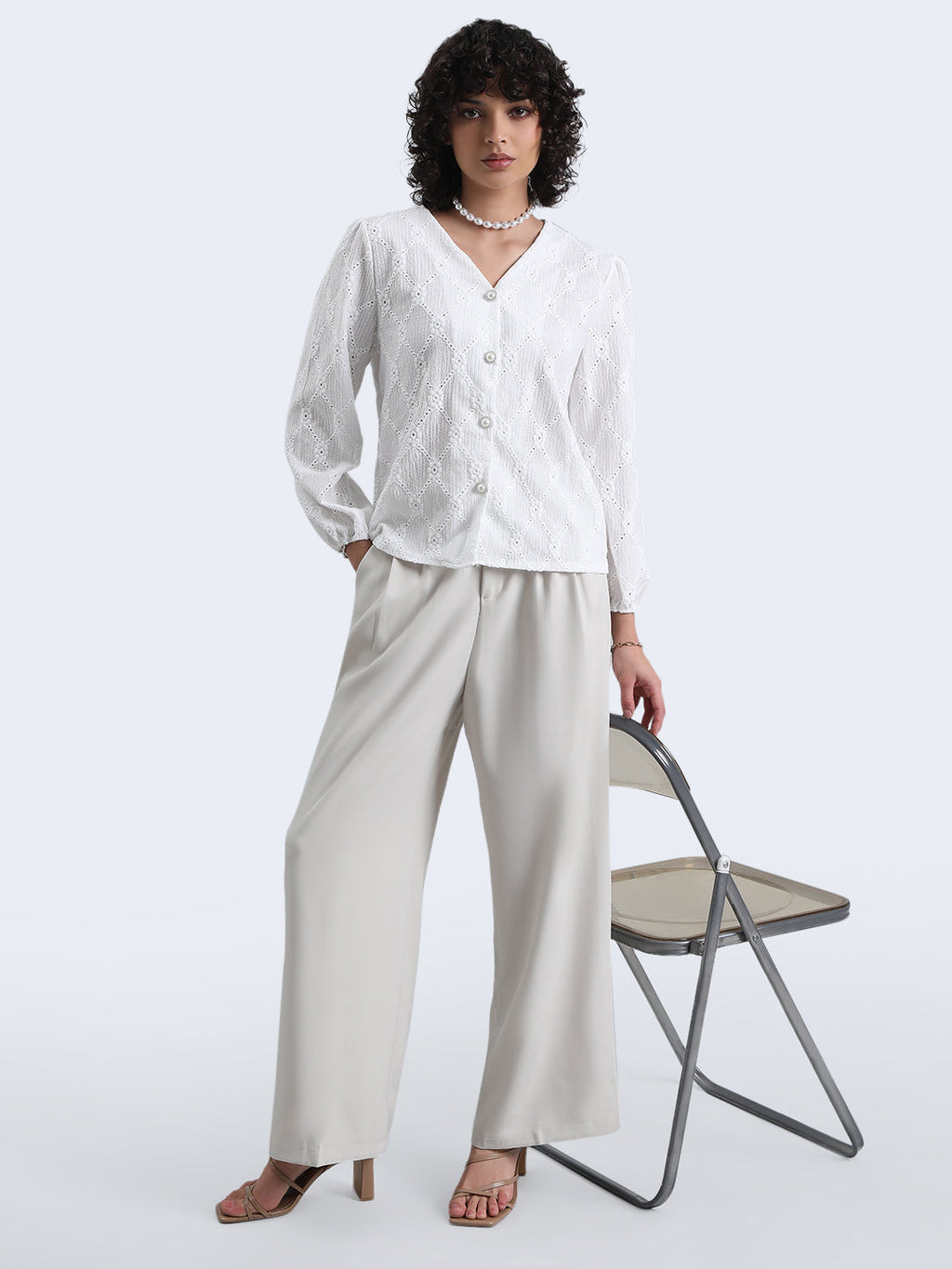 Women's White Floral Textured V-Neck Top with Pearl Button