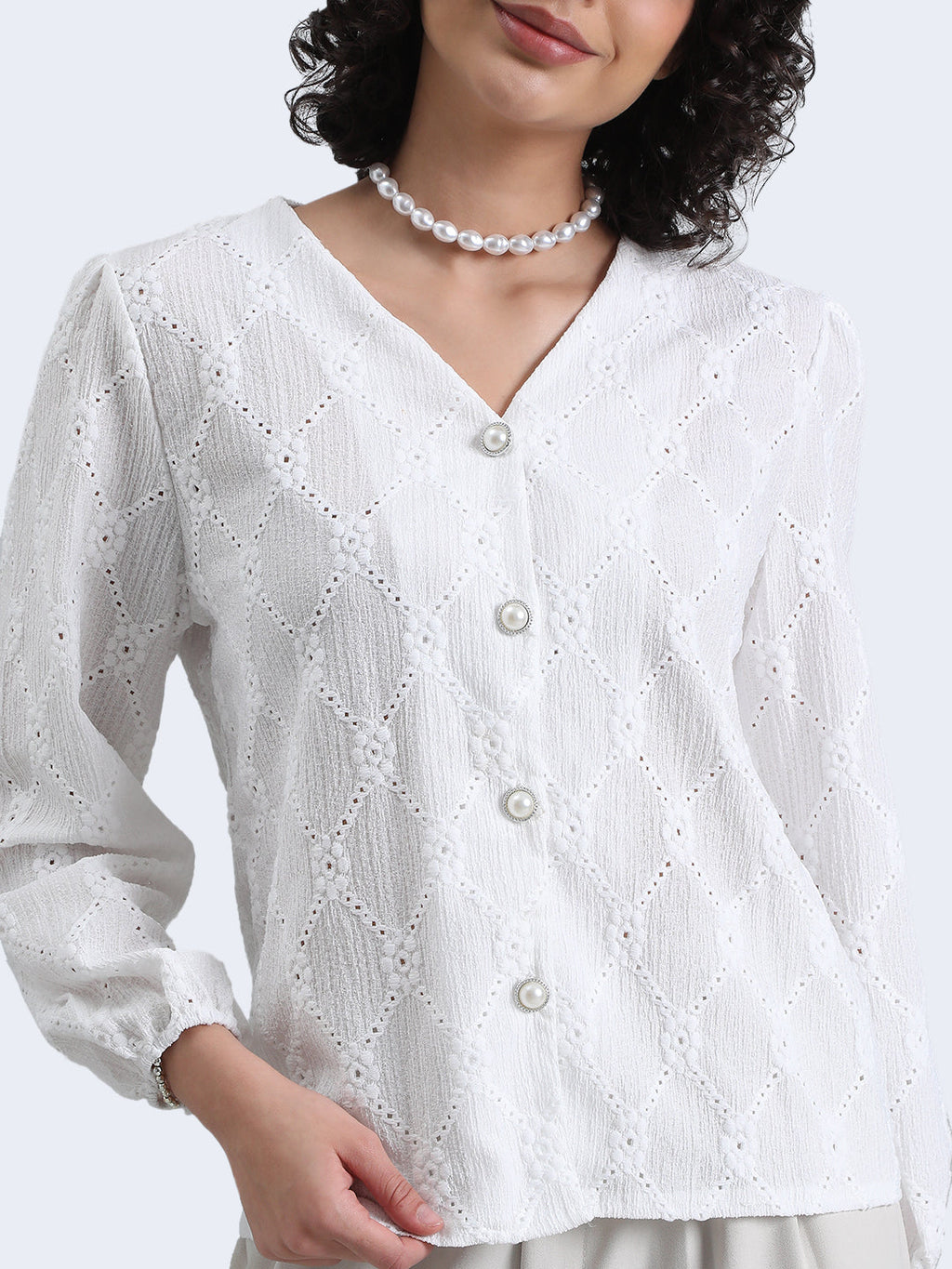 Women's White Floral Textured V-Neck Top with Pearl Button