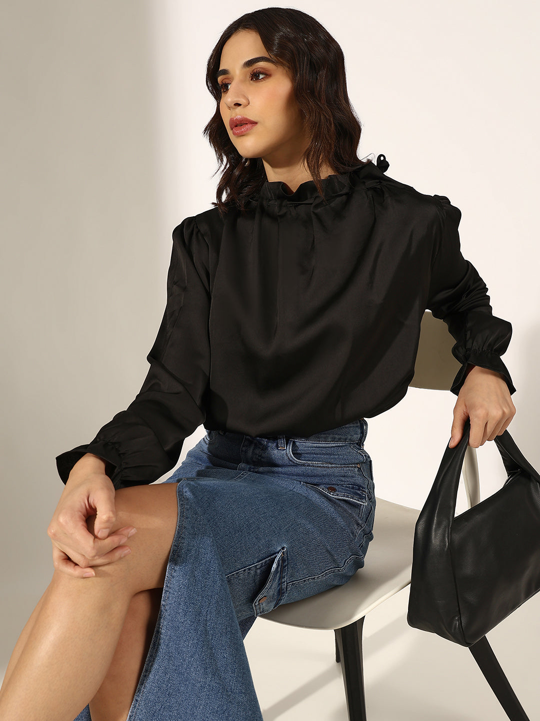 Women's Black Satin Ruffled High Neck Balloon Crop Top