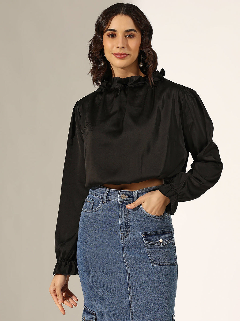 Women's Black Satin Ruffled High Neck Balloon Crop Top