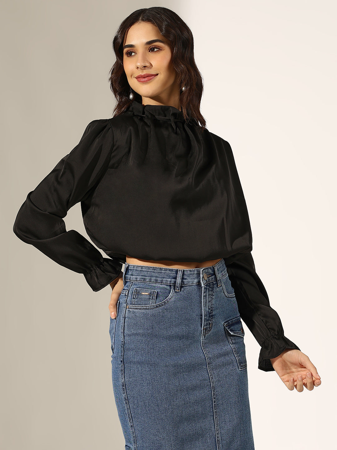 Women's Black Satin Ruffled High Neck Balloon Crop Top