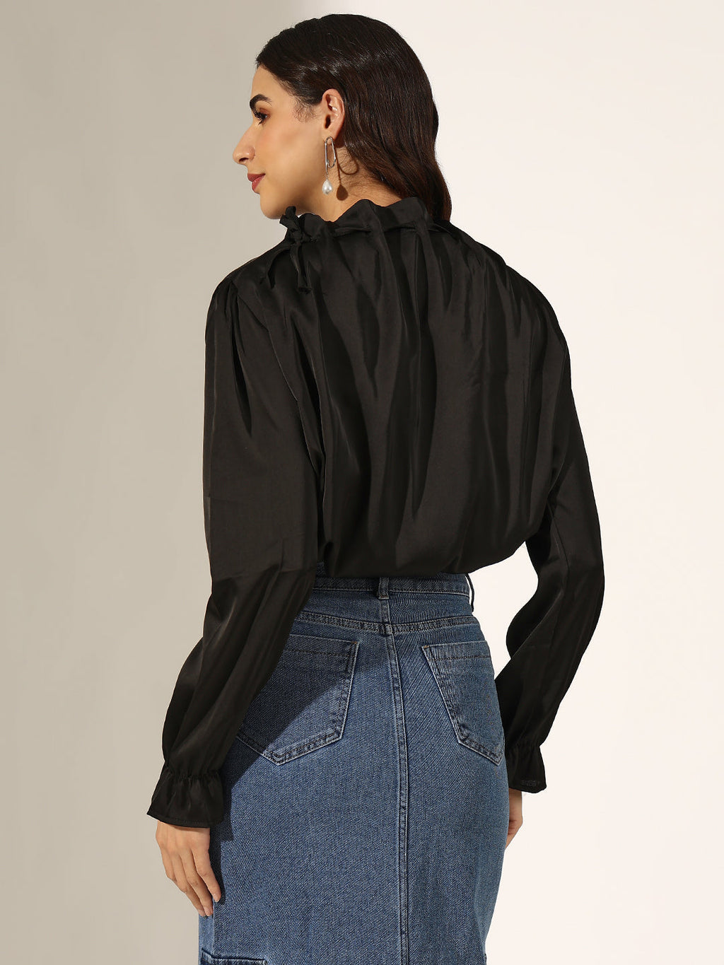 Women's Black Satin Ruffled High Neck Balloon Crop Top