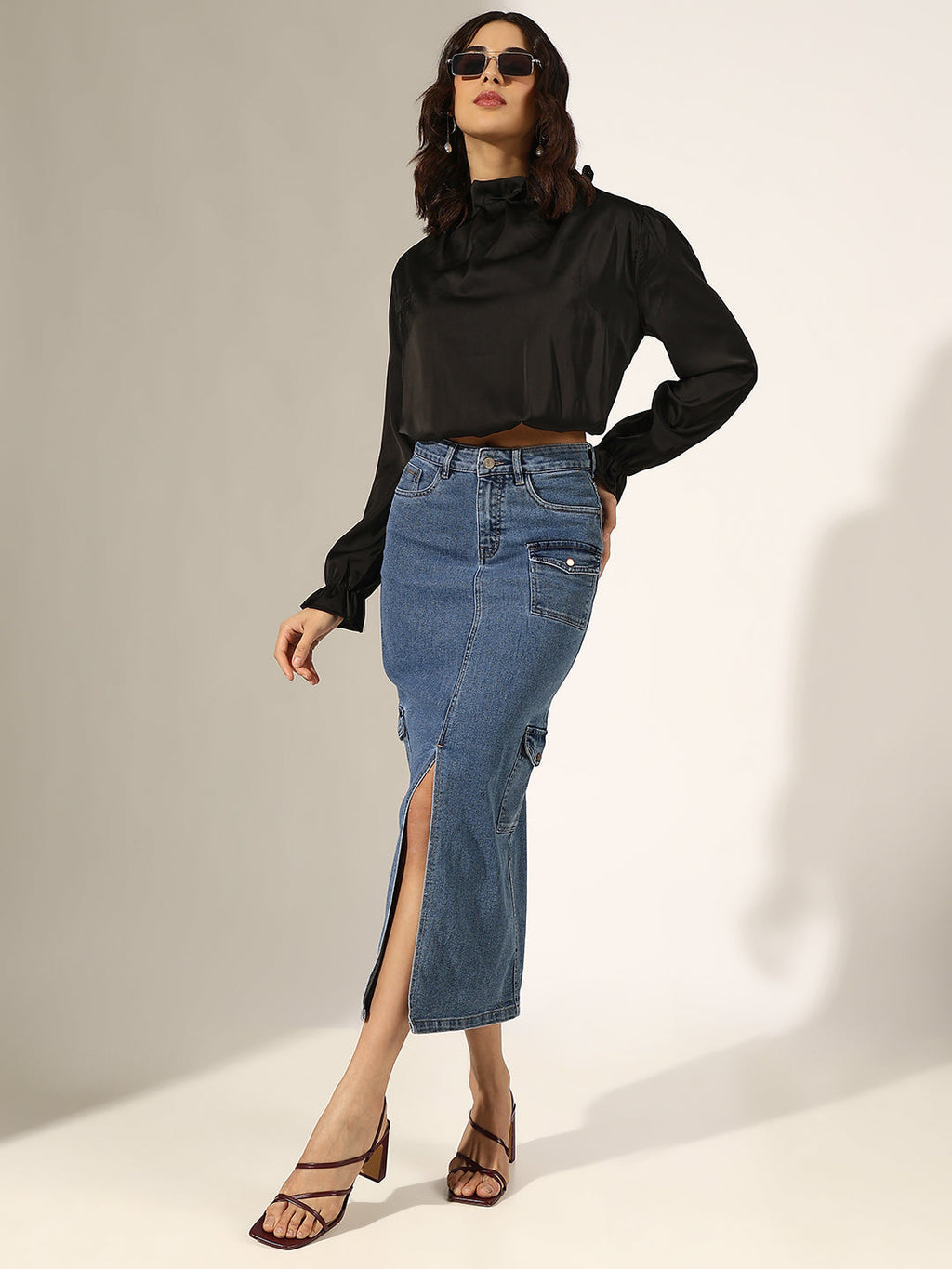 Women's Black Satin Ruffled High Neck Balloon Crop Top