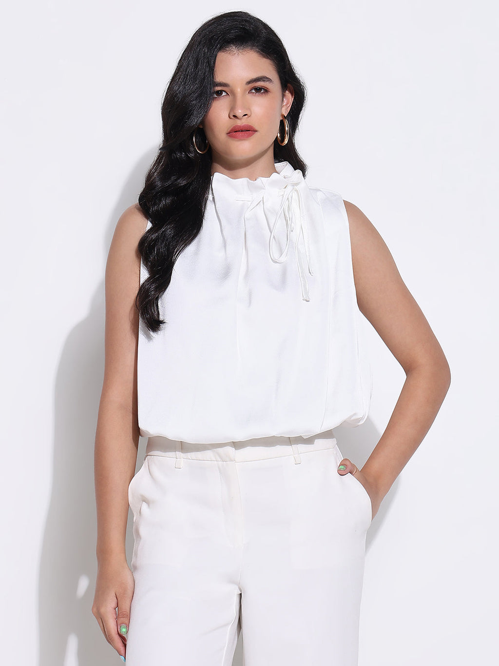 Women's White Satin Balloon Top with Neck Tie