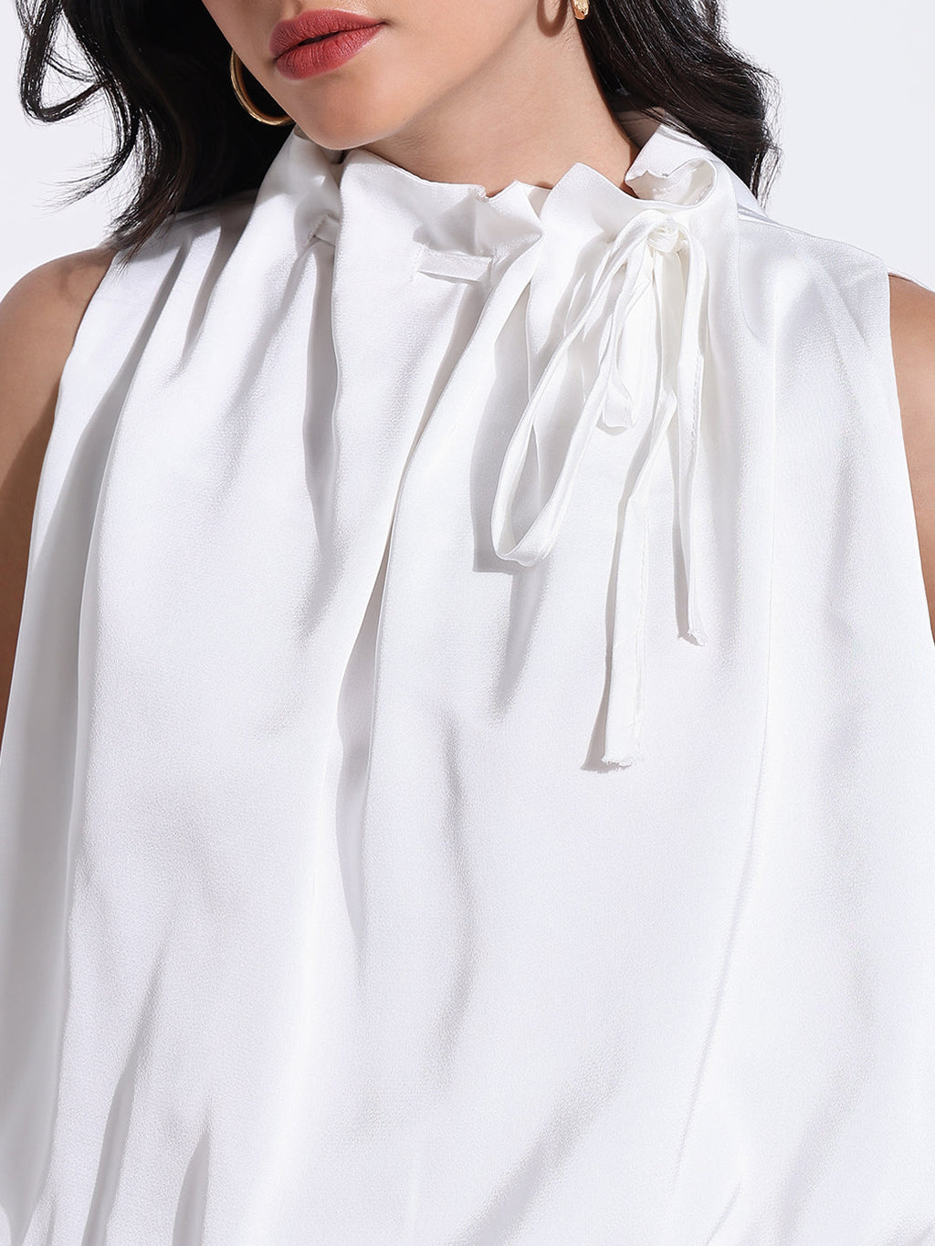 Women's White Satin Balloon Top with Neck Tie