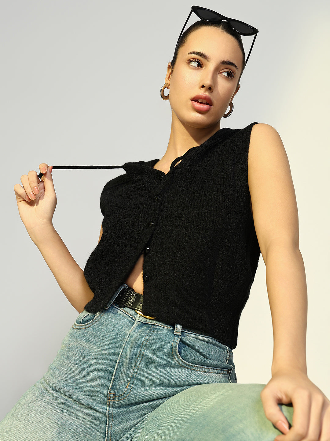 Women's Ribbed Black Hooded Short Top with Buttons