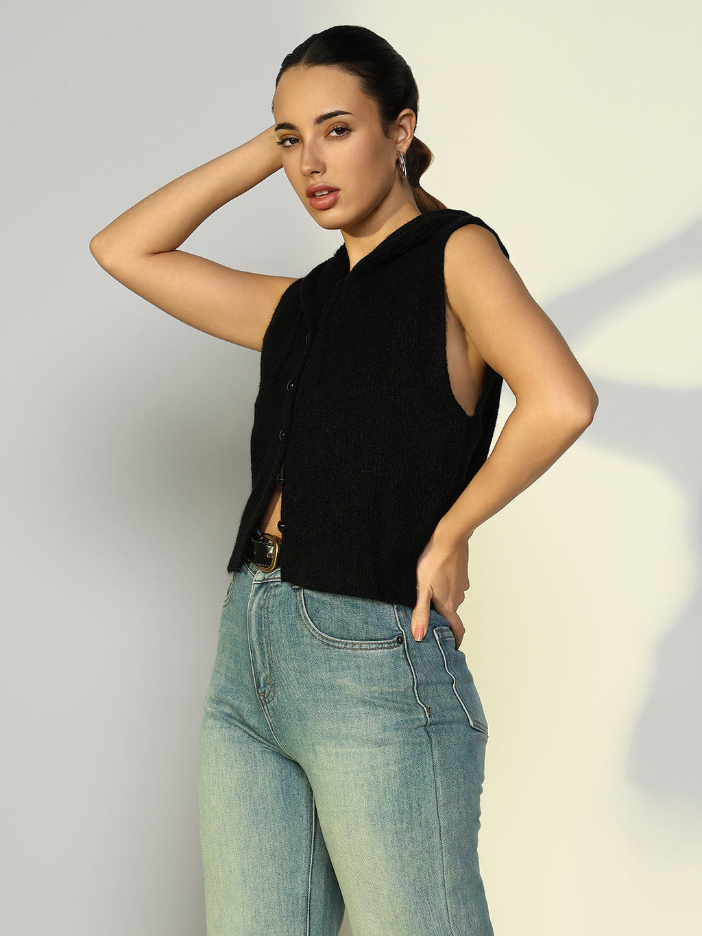 Women's Ribbed Black Hooded Short Top with Buttons