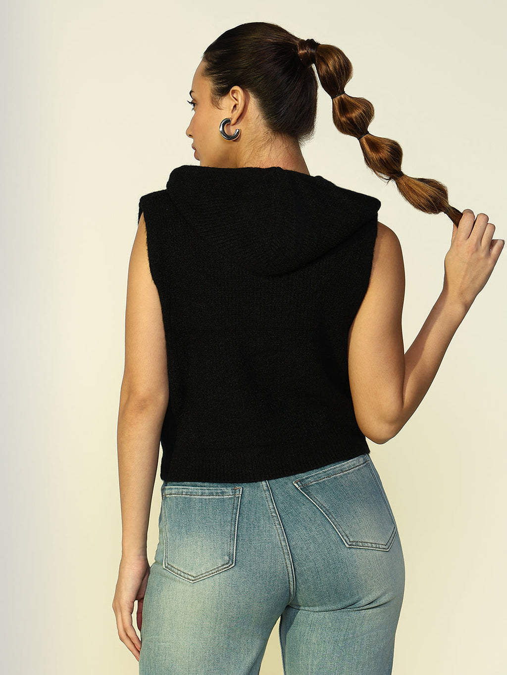 Women's Ribbed Black Hooded Short Top with Buttons
